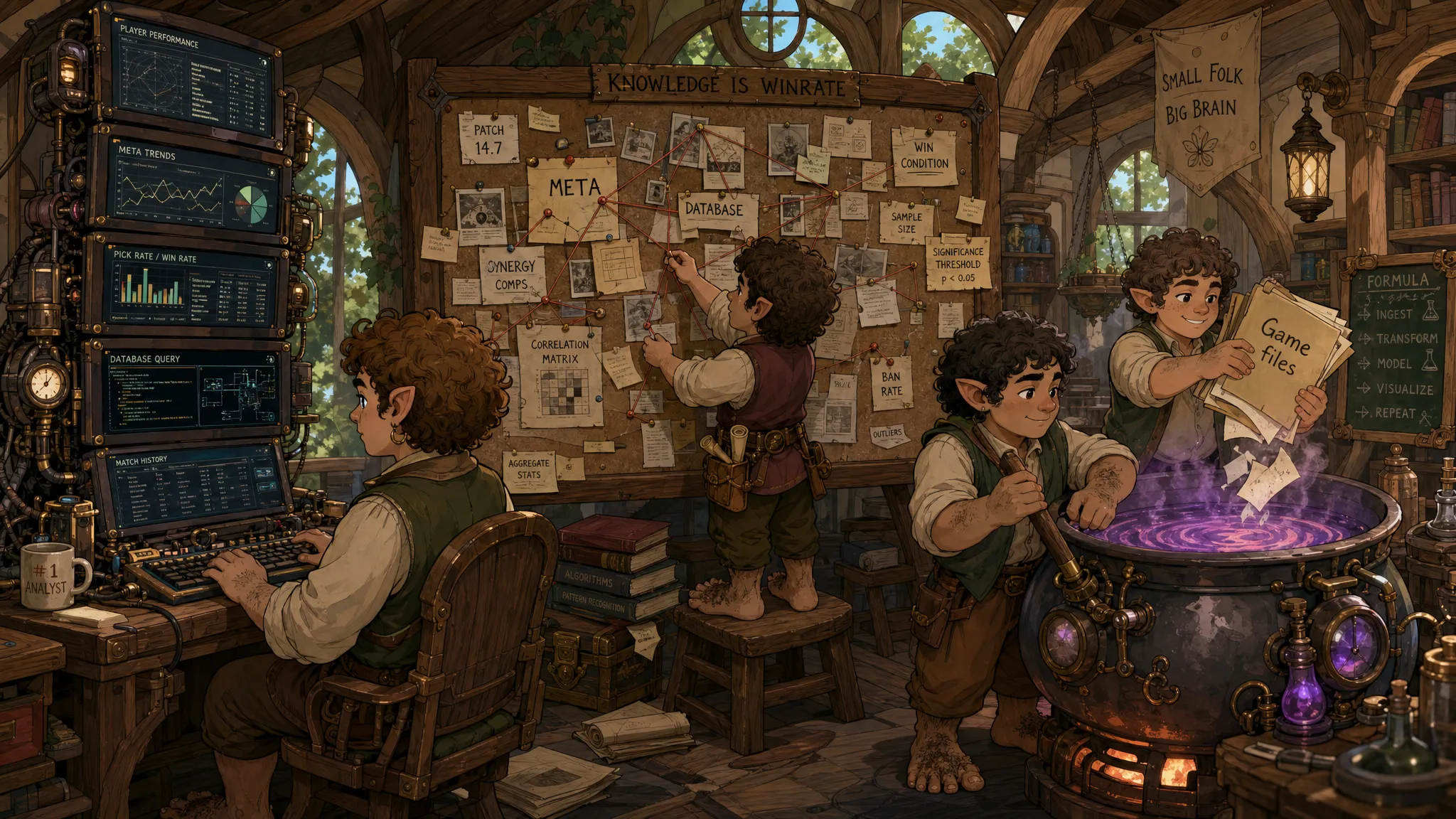 A workshop of halfling analysts charting game data: pinboards of meta notes, brass terminals and a cauldron of game files